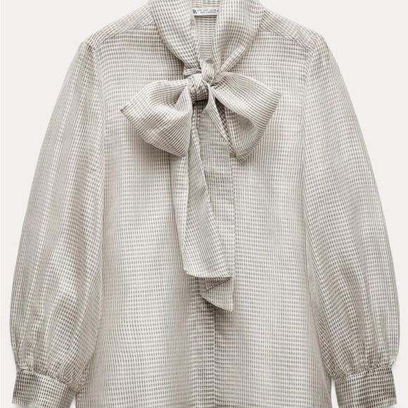 Zara Checkered Blouse with Bow - Gray and White - Picture 4 of 7